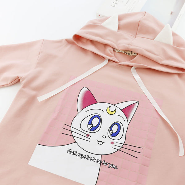 Moon Cat Cartoon Hooded T-shirt