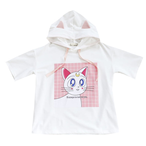 Moon Cat Cartoon Hooded T-shirt
