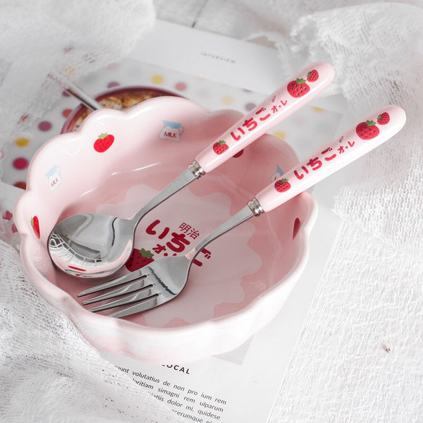Cute Strawberry Bowl &Spoon & Fork