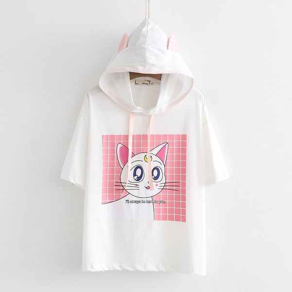 Moon Cat Cartoon Hooded T-shirt