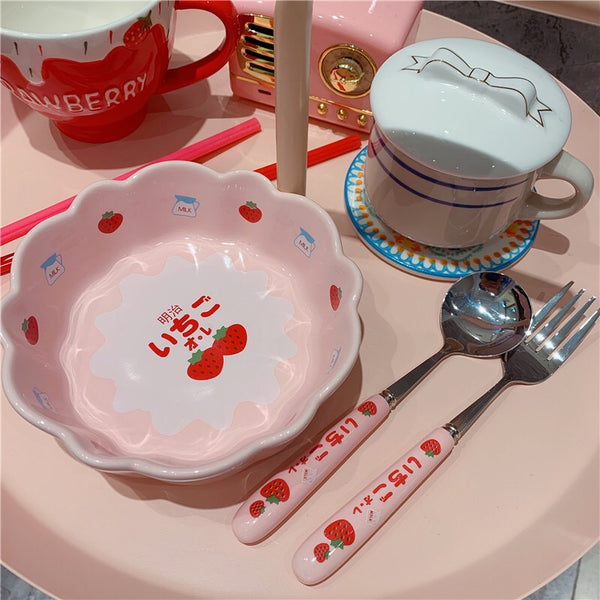Cute Strawberry Bowl &Spoon & Fork