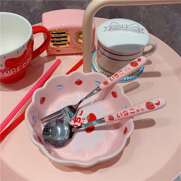 Cute Strawberry Bowl &Spoon & Fork
