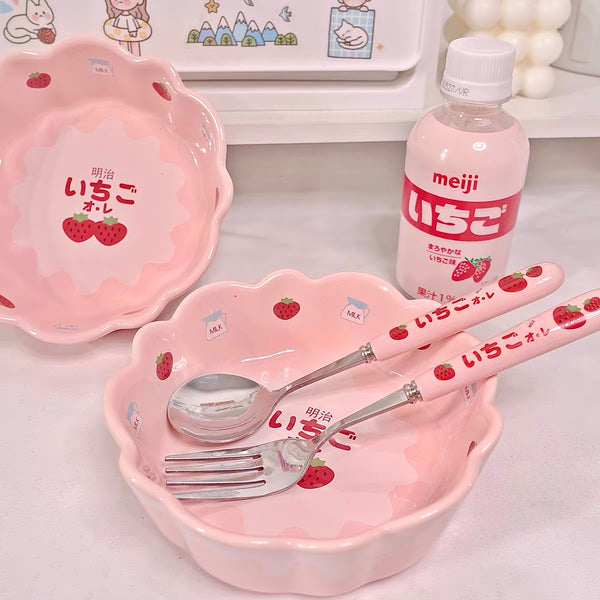 Cute Strawberry Bowl &Spoon & Fork