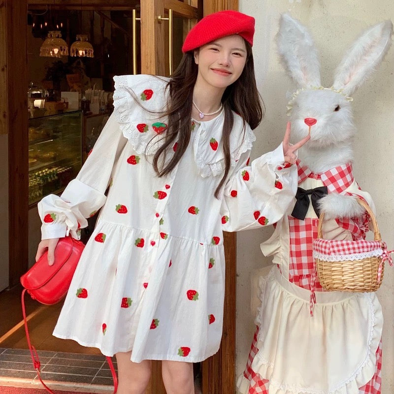 cute strawberry dress Short Sleeve A-line Ruffled Midi Summer Strawberry Dress