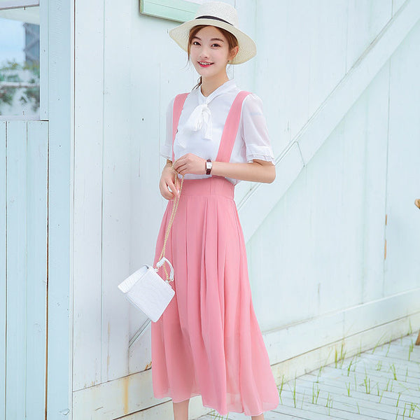 Korean Pure Color  Suspender Skirt