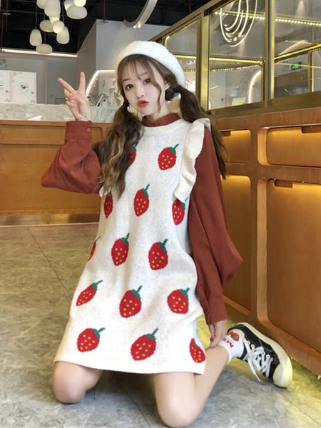 Kawaii Strawberry Knitted Vest Skirt