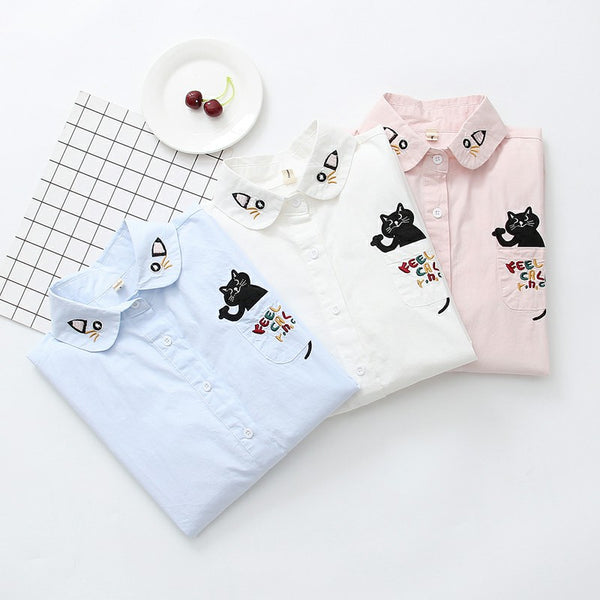 Cute Embroidered Cat  Shirt