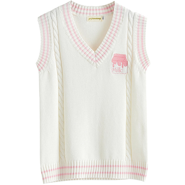 Embroidery Milk Knitted Vest