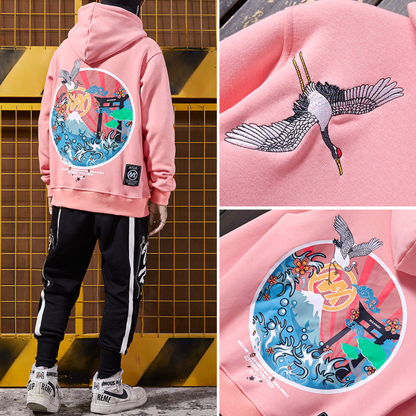 Harajuku Cranes Embroidery Hoodie
