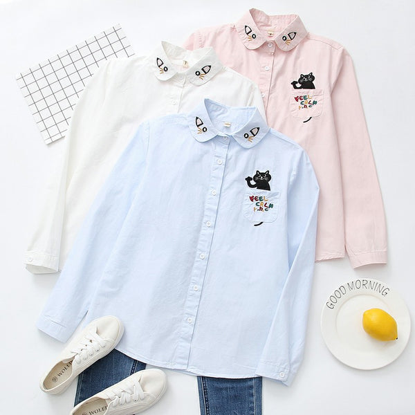 Cute Embroidered Cat  Shirt