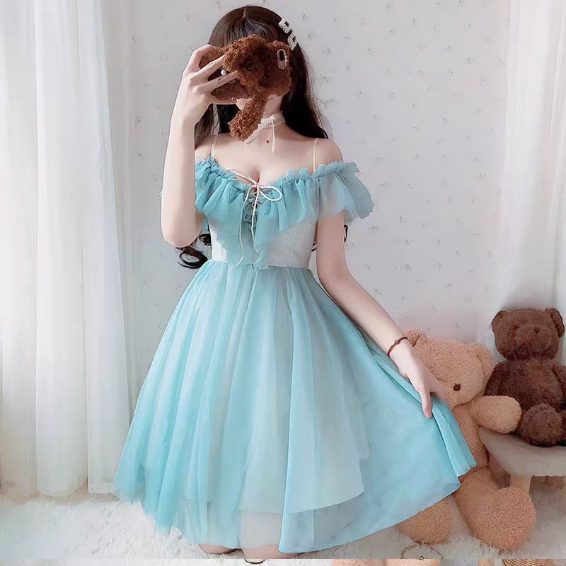 kawaii blue dress Summer Sweet Girl Style Blue Cartoon Pattern Print Dress - Blue
