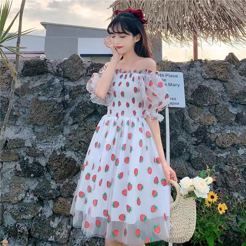 Decoration Strawberry Dress Set 白 Strawberry Print Milkmaid Midi Dress, Cottagecore Lolita