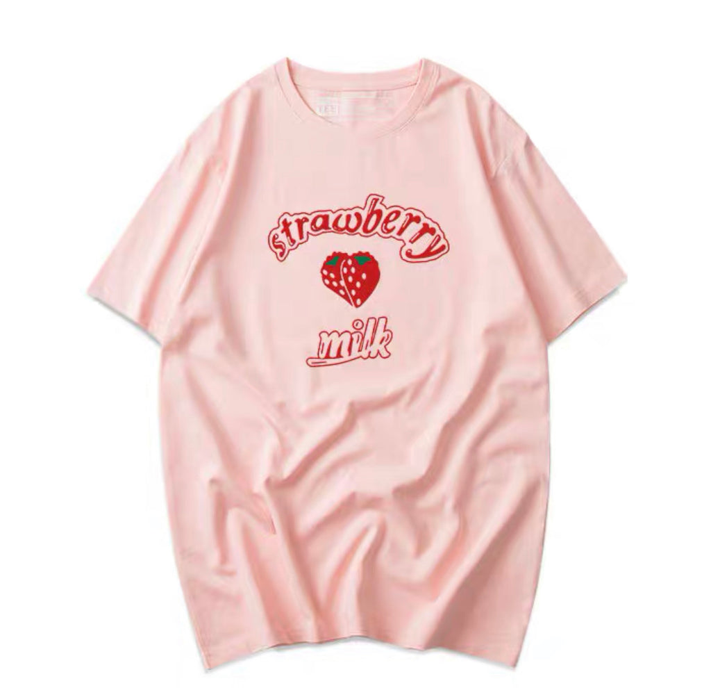 Kawaii Strawberry Milk Print T-shirt - Kawaii Fashion Shop